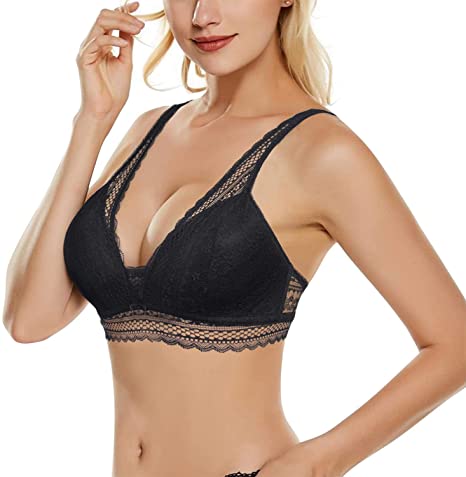BRABIC Women Lace Bra Padded Bralette Wirefree Deep V Plunge Push Up Bra, Comfortable A-D Thin Mold Cup