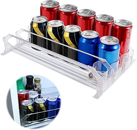 Drink Dispenser for Fridge, Number-one Soda Organizer for Refrigerator with Automatic Pusher Glide, Width Ajustable Soda Can Organizer for Beer, Pop Can, Water Bottle Storage Pantry, 3 Row (White)
