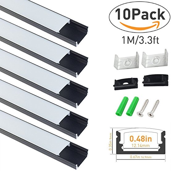 LightingWill 10-Pack 3.3ft/1M 9x17mm Black U-Shape Internal Width 12mm LED Aluminum Channel System with Cover, End Caps and Mounting Clips Aluminum Profile for LED Strip Light Installations-U02B10