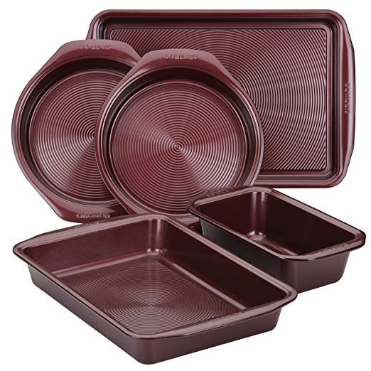 Circulon 47739 Nonstick Bakeware Set with Nonstick Bread Pan, Baking Pan, Cookie Sheet / Baking Sheet and Cake Pans - 5 Piece, Merlot Red