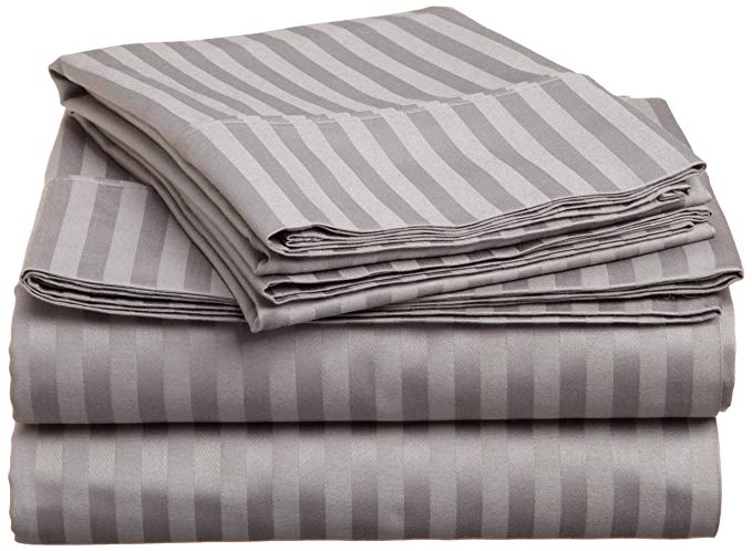 Superior 400 Thread Count 100% Premium Combed Cotton, 4-Piece Bed Sheet and Pillowcase Cover Set, Stripe, King - Grey