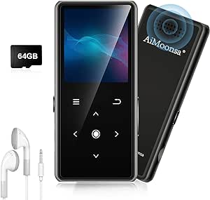 64GB MP3 Player with Bluetooth 5.2, AiMoonsa Music Player with Built-in HD Speaker, FM Radio, Voice Recorder, HiFi Sound, E-Book Function, Earphones Included