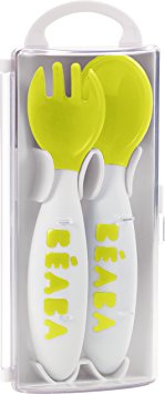 BEABA 2nd Stage Ergonomic Baby Cutlery, Spoon & Fork with Travel Case, Neon