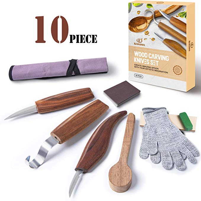 Wood Carving Tools Kit - K KERNOWO Wood Carving Knife Set with Hook Carving, Chip Wood, Whittling Knife Carved Spoon, Kuksa Cup, and Bowl, 10 pcs Spoon Carving Tools Kit for Beginners