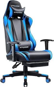 GTRACING Gaming Chair with Footrest, Ergonomic Computer Game Desk, Reclining Gamer Chair Seat Height Adjustment, Swivel Rocker with Headrest and Lumbar Blue