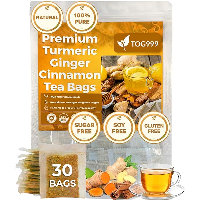 Special Turmeric Ginger Cinnamon Tea, 100% Natural, Hand-made Blend of Turmeric, Ginger, and Cinnamon. Anti-Inflammatea. Eco-conscious Tea Bags. Turmeric Ginger Herbal Tea. No Sugar, No Caffeine, No Gluten, Vegan. 30 Tea Bags.