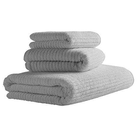 Rivet Ribbed Cotton Bath Towel Set, Set of 3, Pewter