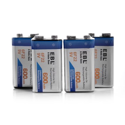 EBL 4 Pack 9V 6F22 600mAh High Volume Lithium-ion Rechargeable 9 Volt Li-ion Batteries