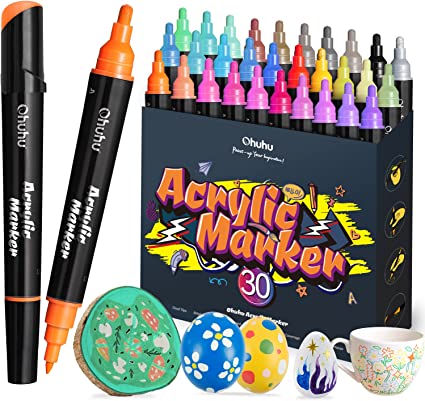 Ohuhu 30 Colors Acrylic Paint Pens : Dual Tip (Round & Fine) Acrylic Paint Markers for Easter Eggs Rock Painting Waterproof Great Coverage Paint Pens Wood Glass Canvas Acrylic Markers for Adults Kids