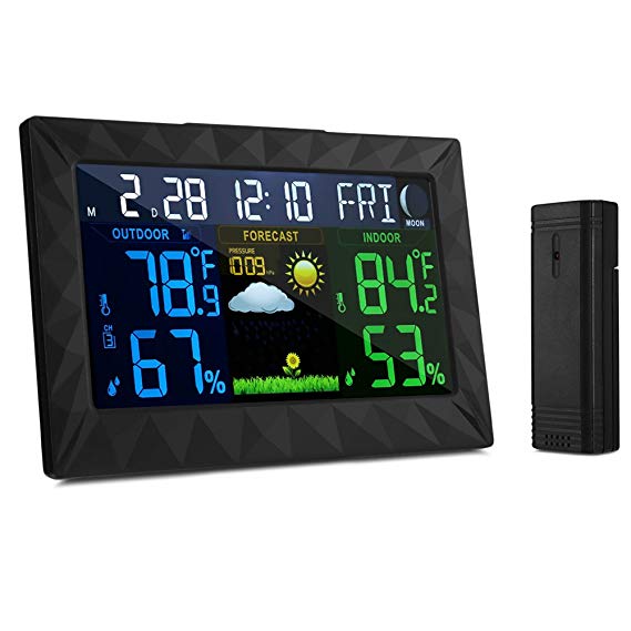 Wireless Weather Station, GBTIGER Digital Weather Station Colorful Forecast Remote Sensor Indoor Outdoor Temperature Humidity Monitor Alarm Clock with LED Backlight(Black)