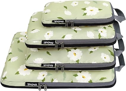 BAGAIL 4 Set/5 Set/6 Set Compression Packing Cubes Travel Accessories Expandable Packing Organizers, Green flower, 4set