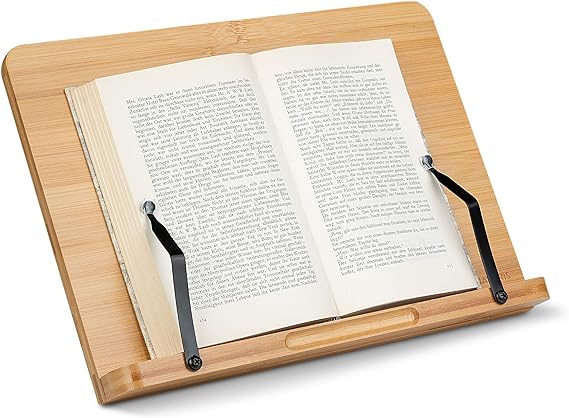 Navaris Bamboo Book Stand - Hands-Free Reading Recipe Cookbook Tablet Holder with 2 Adjustable Metal Page Holders with Grips - Bamboo Book Easel