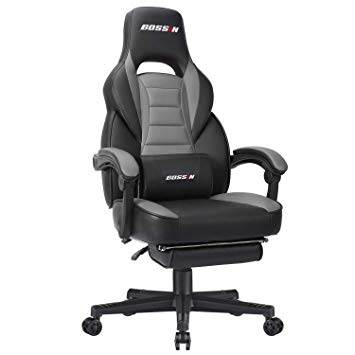 BOSSIN Racing Style Gaming Chair Office Computer Desk Chair with Footrest and Headrest, Ergonomic Design, Large Size High-Back E-Sports Chair, PU Leather Swivel Chair (Gray)