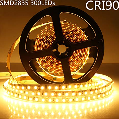 LightingWill LED Strip Lights CRI90 SMD2835 300LEDs 16.4Ft/5M Ultra Warm White 2700K-3000K DC12V 60W 60LEDs/M 12W/M 8mm White PCB Flexible Ribbon Strip with Adhesive Tape Non-Waterproof H2835UWW300N