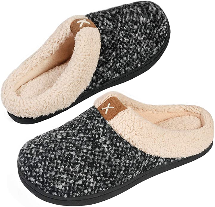 Women's Comfort Memory Foam Slippers Wool-Like Plush Fleece Lined House Shoes w/Indoor Outdoor Anti-Skid Rubber Sole (11-12 M, Black)