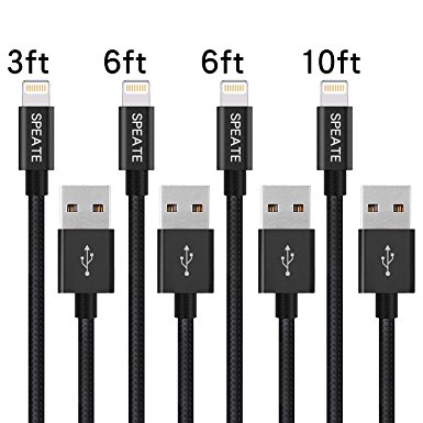 SPEATE 4PCS 3FT 6FT 6FT 10FT Nylon Braided Charging Cable 8Pin Lightning to USB Cable Charger Compatible with iPhone 7/7 Plus/6/6s/6 plus/6s plus/5/5s/5c,Ipad,IPad mini (Black)
