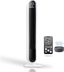 Lasko Smart Oscillating Tower Fan Powered by Aria, Wi-Fi Connected, Voice Controlled, Compatible with Alexa and Google Assistant, Timer, 5-Speeds, 40", White, T40735, Large