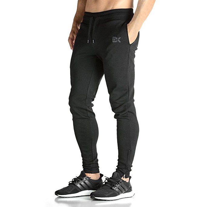 Broki Mens Zip Jogger Trousers - Casual Gym Fitness Tracksuit Bottoms Slim Fit Chinos Sweat Pants (Black)