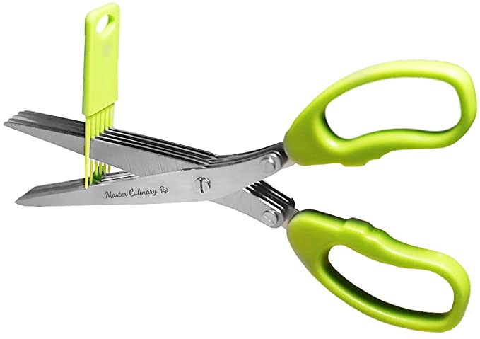 Master Culinary Multipurpose 5-blade Herb Scissors w/ "Longfinger" Cleaning Brush | Time-Saving Kitchen Shears Chop Herbs Fast |