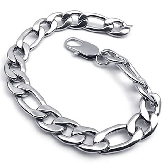 Konov Jewelry Wide Stainless Steel Figaro Mens Bracelet, Silver, 11mm, 9 Inch, with Gift Bag, C22321