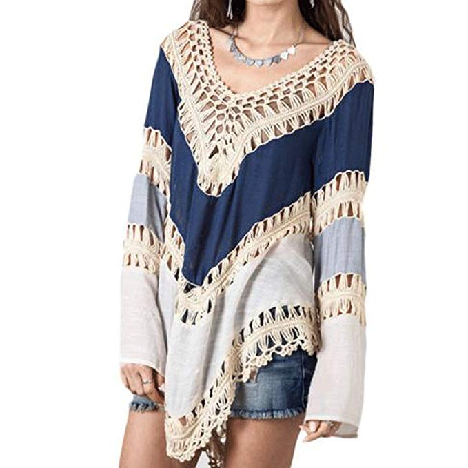 Donalworld Women Crochet Bikini Blouse Boho Beach Knitted Top Cover Up Swimsuit