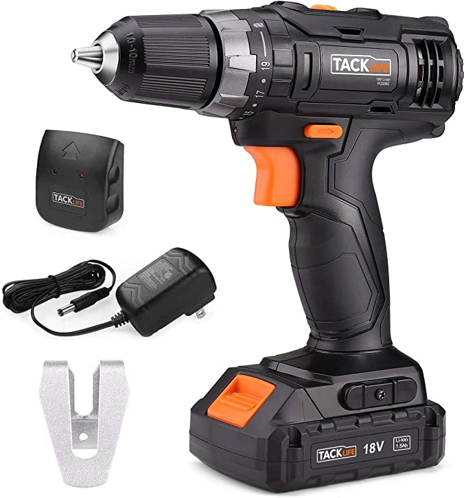 Cordless Drill Driver, TACKLIFE 18V, 1.5Ah Combi Drill Set, LED Light, 2-Speed all-metal 10mm Spindle, Maximum 30Nm 19   1 Torque Hammer Drill-PCD06C