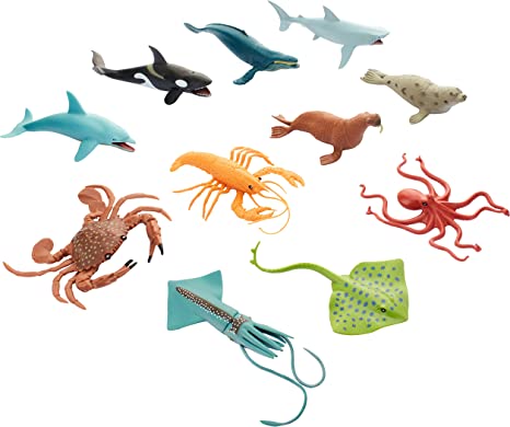 WILD REPUBLIC Polybag Aquatic, Octopus, Shark, Dolphin, Orca, Crab, Lobster, Blue Whale, Stingray, Squid, Harp Seal, & Walrus Toys 11 Piece Set