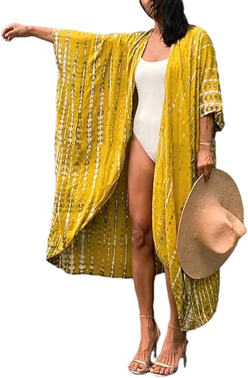 Bsubseach Stylish Tie Dye Open Front Long Kimono Swimsuit Cover up for Women