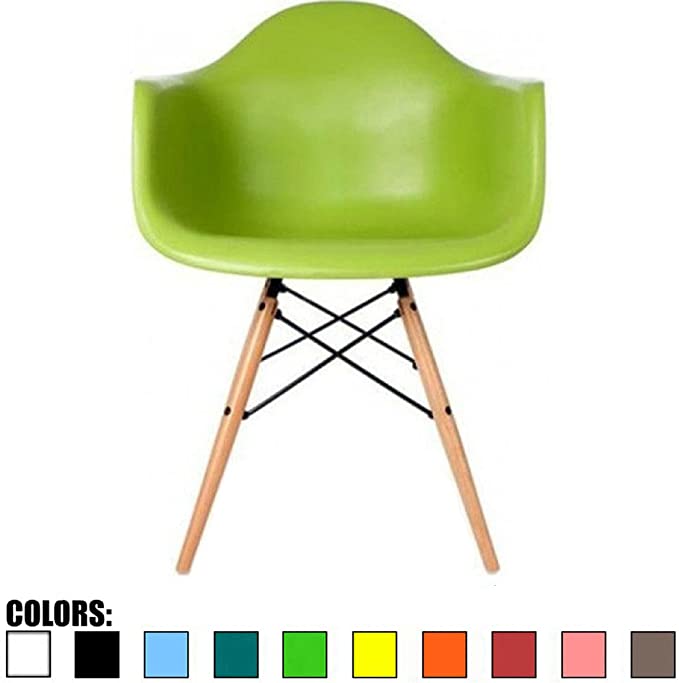 2xhome Green Mid Century Modern Plastic Dining Chair Molded with Arms Armchairs Natural Wood Legs Desk No Wheels Accent Chair Vintage Designer for Small Space Table Furniture Living Room Desk DSW