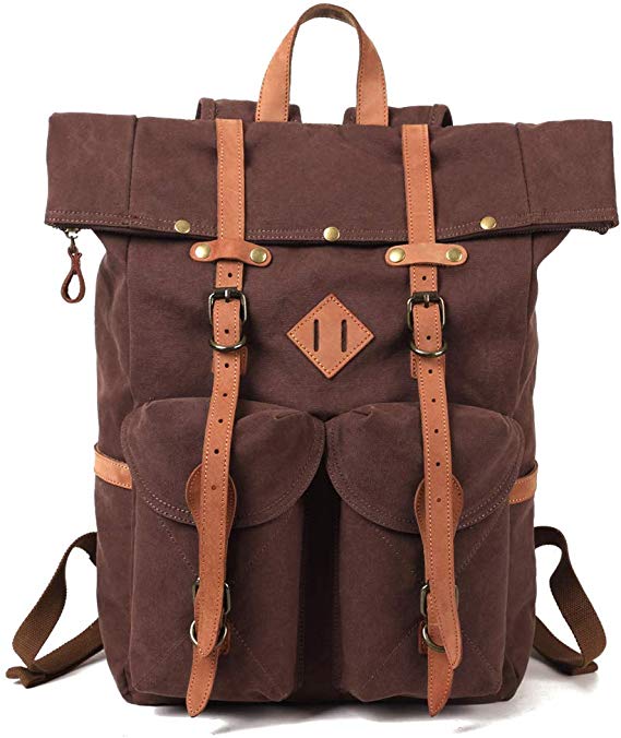 Kemy's Mens Canvas Backpack Leather Rucksack for Men Travel Backpacks Vintage Bookbag with Laptop Compartment Rustic Large Unisex Gifts Dark Coffee
