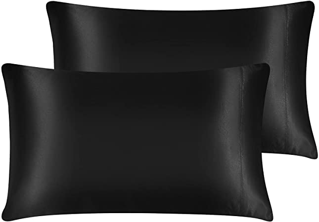 CozyLux Satin Pillowcase for Hair and Skin Queen Set of 2 Soft Pillow Cases Silky Microfiber Bed Pillow Covers Wrinkle Resistant with Envelope Closure(Black, 20 x 30 Inches)