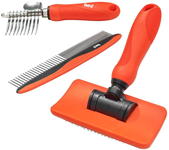 Benz Dog Grooming Tools Kit – Slicker Brush, Dematting Rake Tool & Metal Dog Comb, Pet Grooming Kit, Professional Dog Groom Supplies