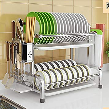 Tomoral Dish Rack, 304 Stainless Steel 2 Tier Dish drying Rack with Drain Board, Utensil Holder, Cutting Board Holder, Rustproof Dish Drainer for Kitchen Countertop, (Black)