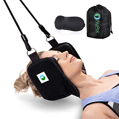 NyPot Premium Neck Hammock - Portable Cervical Traction Device for Neck Pain Relief Massager for Back and Shoulder Pain Neck Support and Stretcher Relaxation Gift for Mom and Dad with Eye Mask (black)