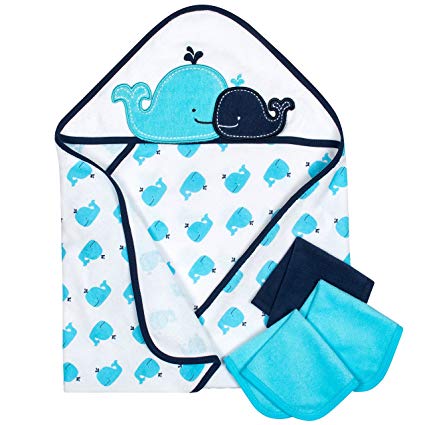 Gerber 4-Piece Hooded"26 x 30" Towel and 9"x 9" Washcloth Set, Whale