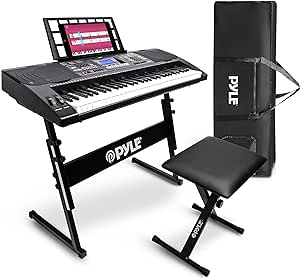 Pyle 61 Keys 2 in 1 Play and Sing Along Portable Electronic Piano Keyboard with Weatherproof Case Bag, Keyboard Stool, and Keyboard Stand, Black