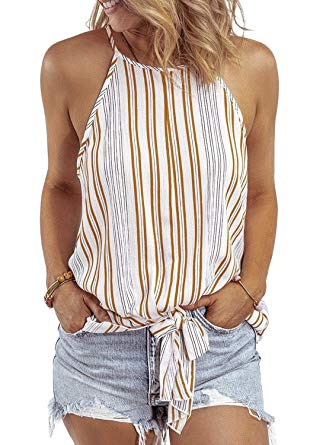 HOTAPEI Women Summer Striped Halter High Neck Chiffon Cami Tie Front Knotted Tank Tops Casual Sleeveless Shirts Blouses
