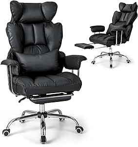 Giantex Office Desk Chair, Big and Tall Executive Office Chair with Foot rest and Lumbar Support, High Back Leather Swivel Computer Task Chair, Large Ergonomic Reclining Home Office Chair, Black