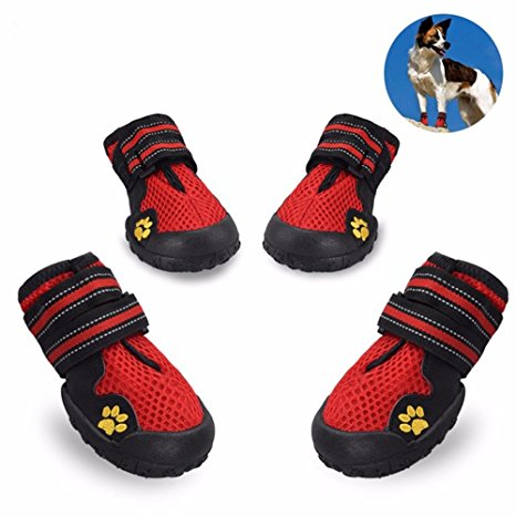 Dog Boots Waterproof Pet Mesh Shoes , Breathable Dog Shoes Paw Protectors with Reflective Velcro and Rugged Anti-Slip Sole