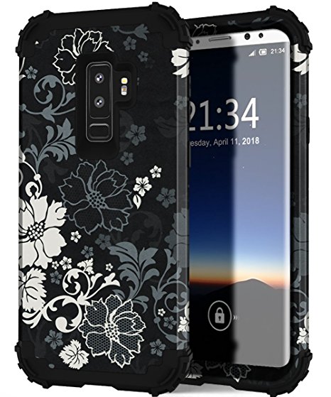 Galaxy S9 Plus Floral Case, Hocase Heavy Duty Shockproof Silicone Rubber Bumper Hard Shell Full-Body Protective Phone Case w/ Cute Flower Print for Samsung Galaxy S9 Plus 2018 - Black/White Flowers