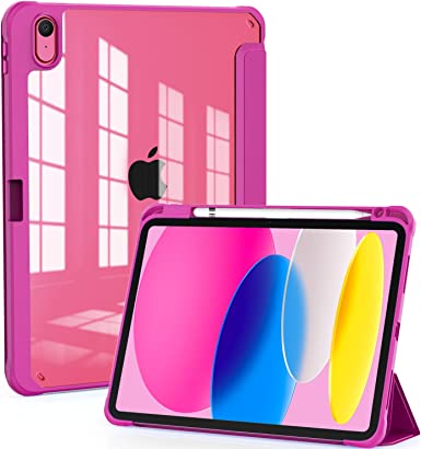 OKP for New iPad 10th Generation Case 2022, ipad 10.9 inch Case with Trifold Stand, Auto Wake/Sleep, ipad 10 gen Protective Cover with Slim Lightweight Clear PC Back Shell for Women Men, Rose Red