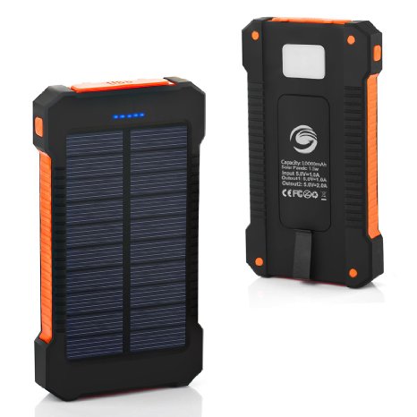 Solar Phone Charger, Grandbeing® 10000mAh Portable Battery Charger Outdoor Dual USB External Battery Pack Solar Power Bank with LED Light and Compass for iPhone iPad & Android Phones, Black Orange