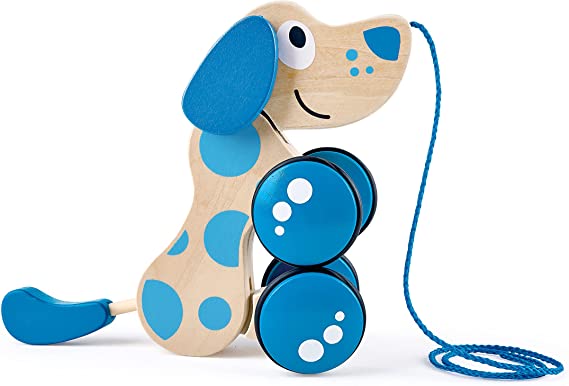 Hape Walk-A-Long Puppy Wooden Pull Toy | Push Pull Toy Puppy for Toddlers Can Sit, Stand and Roll. Rubber Rimmed Wheels for Easy Push and Pull Action, Blue