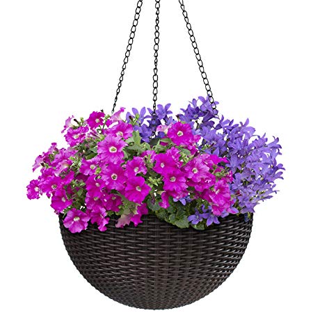 Sorbus Hanging Planter Round Self-Watering Basket, Resin Woven Wicker Style, Great for Home, Garden, Patio - Espresso Brown (Large)