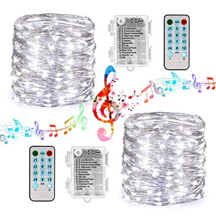 Battery Christmas Lights 2 Packs 33ft 100 LED Sound Activated Fairy Lights, with Remote, Timer, Waterproof Battery String Lights for Xmas Tree, Home, Party, Holiday, Christmas Decorations (Pure White)
