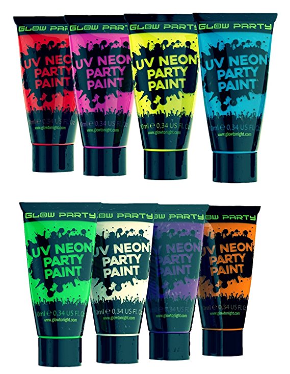 Glow Party- Black Light Face and Body Paint, Washable Non-Toxic, UV / Reactive Neon Colors, 8 Tube Party Pack, 0.34 ounce. each