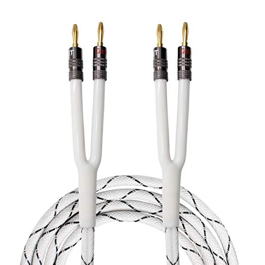 GearIT 12AWG Premium Heavy Duty Braided Speaker Wire (15 Feet) with Dual Gold Plated Banana Plug Tips - Oxygen-Free Copper (OFC) Construction, White