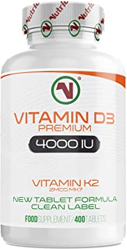 Nutriodol Vitamin D3 4000iu 400 High Strength Tablets | Enhanced with Free Vitamin K2 2µg MK7 | Family Sized 365  Days Supply | Maintain Health & Beat Winter Blues | Natural Vitamin D3 Supplement