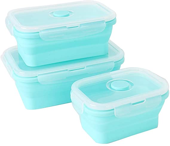 Set of 3 Collapsible Silicone Food Storage Container, Leftover Meal box For Kitchen, Lunch Boxes, BPA Free, Microwave, Dishwasher and Freezer Safe (Blue, Set of Three Square)