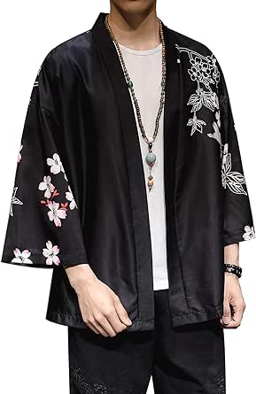 PRIJOUHE Men's Kimono Cardigan Jacket Japanese Style Flying Crane Seven Sleeves Open Front Coat